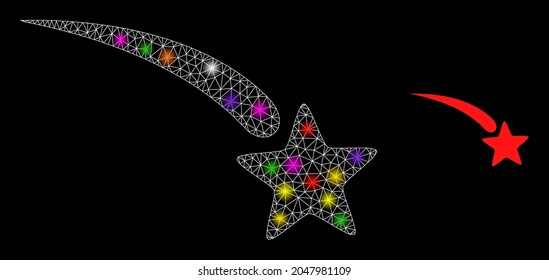 Glowing mesh falling star glare icon with light spots. Illuminated vector constellation is created from falling star icon. Sparkle frame mesh falling star on a black background.