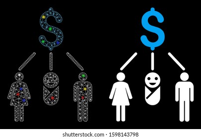 Glowing mesh family budget icon with glitter effect. Abstract illuminated model of family budget. Shiny wire frame polygonal mesh family budget icon. Vector abstraction on a black background.