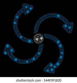 Glowing mesh fan rotation with glare effect. Abstract illuminated model of fan rotation icon. Shiny wire frame polygonal mesh fan rotation. Vector abstraction on a black background.