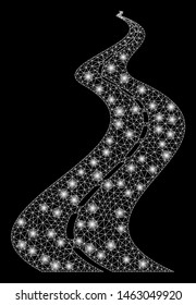 Glowing mesh far way road with glitter effect. Abstract illuminated model of far way road icon. Shiny wire frame triangular mesh far way road. Vector abstraction on a black background.