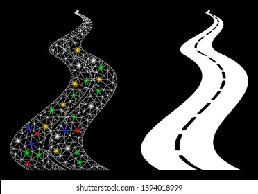 Glowing mesh far way road icon with glitter effect. Abstract illuminated model of far way road. Shiny wire frame triangular mesh far way road icon. Vector abstraction on a black background.