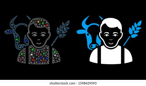 Glowing mesh farmer icon with glare effect. Abstract illuminated model of farmer. Shiny wire frame triangular mesh farmer icon. Vector abstraction on a black background.