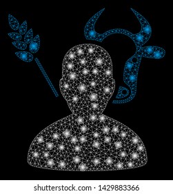 Glowing mesh farmer with lightspot effect. Abstract illuminated model of farmer icon. Shiny wire carcass triangular mesh farmer. Vector abstraction on a black background.