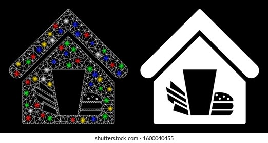 Glowing mesh fastfood cafe icon with glitter effect. Abstract illuminated model of fastfood cafe. Shiny wire carcass polygonal mesh fastfood cafe icon. Vector abstraction on a black background.