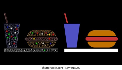 Glowing mesh fastfood icon with sparkle effect. Abstract illuminated model of fastfood. Shiny wire frame polygonal mesh fastfood icon. Vector abstraction on a black background.