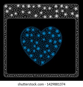 Glowing mesh favourite heart calendar page with glitter effect. Abstract illuminated model of favourite heart calendar page icon. Shiny wire carcass triangular mesh favourite heart calendar page.