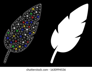 Glowing mesh feather icon with glare effect. Abstract illuminated model of feather. Shiny wire carcass polygonal mesh feather icon. Vector abstraction on a black background.