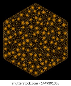 Glowing mesh filled hexagon with glitter effect. Abstract illuminated model of filled hexagon icon. Shiny wire frame polygonal mesh filled hexagon. Vector abstraction on a black background.