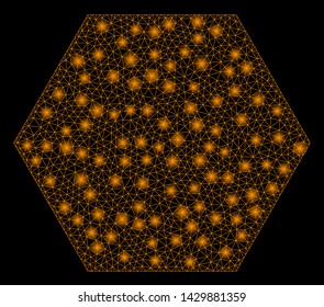 Glowing mesh filled hexagon with lightspot effect. Abstract illuminated model of filled hexagon icon. Shiny wire frame triangular mesh filled hexagon. Vector abstraction on a black background.