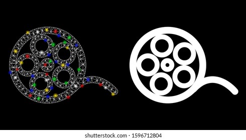 Glowing mesh film roll icon with sparkle effect. Abstract illuminated model of film roll. Shiny wire carcass polygonal mesh film roll icon. Vector abstraction on a black background.
