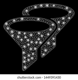 Glowing mesh filters with glare effect. Abstract illuminated model of filters icon. Shiny wire carcass triangular mesh filters. Vector abstraction on a black background.