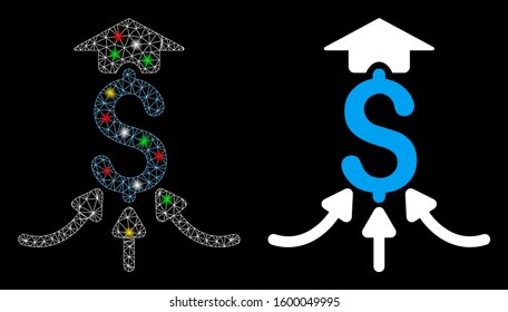 Glowing mesh financial aggregator icon with glow effect. Abstract illuminated model of financial aggregator. Shiny wire carcass polygonal mesh financial aggregator icon.