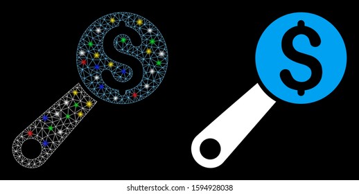Glowing mesh financial audit icon with glow effect. Abstract illuminated model of financial audit. Shiny wire carcass polygonal mesh financial audit icon. Vector abstraction on a black background.