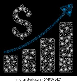 Glowing mesh financial bar chart with glare effect. Abstract illuminated model of financial bar chart icon. Shiny wire frame polygonal mesh financial bar chart.