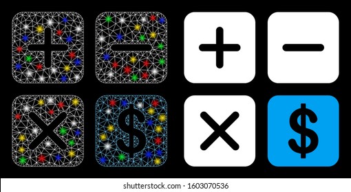 Glowing mesh financial calculator icon with glitter effect. Abstract illuminated model of financial calculator. Shiny wire frame triangular mesh financial calculator icon.