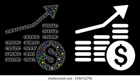 Glowing mesh financial chart icon with glare effect. Abstract illuminated model of financial chart. Shiny wire frame polygonal mesh financial chart icon. Vector abstraction on a black background.