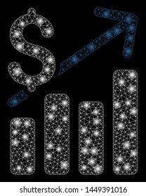 Glowing mesh financial chart with sparkle effect. Abstract illuminated model of financial chart icon. Shiny wire frame triangular mesh financial chart. Vector abstraction on a black background.