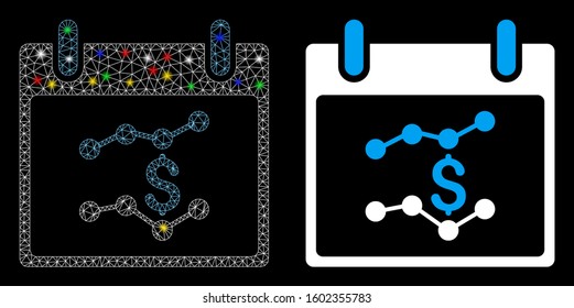 Glowing mesh financial charts calendar day icon with sparkle effect. Abstract illuminated model of financial charts calendar day. Shiny wire frame polygonal mesh financial charts calendar day icon.