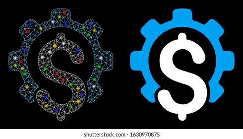 Glowing mesh financial industry icon with sparkle effect. Abstract illuminated model of financial industry. Shiny wire carcass polygonal mesh financial industry icon.