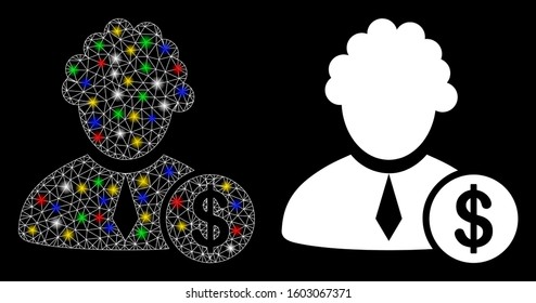 Glowing mesh financial judge icon with lightspot effect. Abstract illuminated model of financial judge. Shiny wire carcass polygonal mesh financial judge icon.