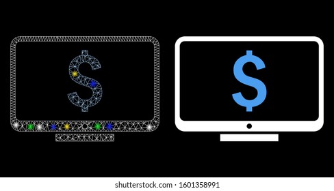Glowing mesh financial monitoring icon with sparkle effect. Abstract illuminated model of financial monitoring. Shiny wire carcass triangular mesh financial monitoring icon.