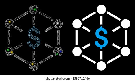 Glowing mesh financial network icon with glitter effect. Abstract illuminated model of financial network. Shiny wire frame triangular mesh financial network icon.