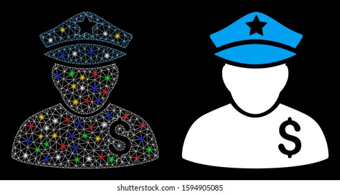 Glowing mesh financial policeman icon with lightspot effect. Abstract illuminated model of financial policeman. Shiny wire carcass triangular network financial policeman icon.