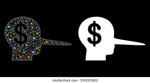 Glowing mesh financial scammer icon with sparkle effect. Abstract illuminated model of financial scammer. Shiny wire carcass triangular mesh financial scammer icon.