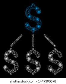 Glowing mesh financial structure with glare effect. Abstract illuminated model of financial structure icon. Shiny wire carcass triangular mesh financial structure.