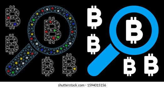 Glowing mesh find Bitcoin icon with lightspot effect. Abstract illuminated model of find Bitcoin. Shiny wire carcass polygonal network find Bitcoin icon. Vector abstraction on a black background.