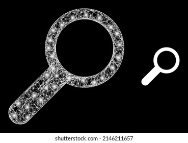 Glowing mesh find with light spots. Wire frame 2D mesh generated from intersected white lines and find icon. White mesh and sparkle frame mesh find on a black background.