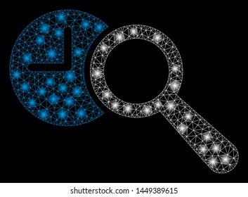 Glowing mesh find time with glare effect. Abstract illuminated model of find time icon. Shiny wire carcass triangular mesh find time. Vector abstraction on a black background.