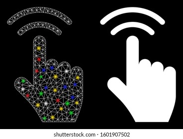 Glowing mesh finger click icon with glow effect. Abstract illuminated model of finger click. Shiny wire carcass polygonal mesh finger click icon. Vector abstraction on a black background.