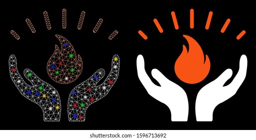 Glowing mesh fire care hands icon with sparkle effect. Abstract illuminated model of fire care hands. Shiny wire carcass triangular mesh fire care hands icon. Vector abstraction on a black background.