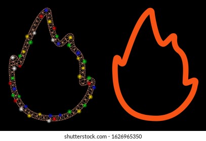 Glowing mesh fire contour icon with glare effect. Abstract illuminated model of fire contour. Shiny wire frame triangular mesh fire contour icon. Vector abstraction on a black background.