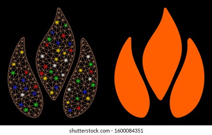 Glowing mesh fire icon with glow effect. Abstract illuminated model of fire. Shiny wire carcass triangular mesh fire icon. Vector abstraction on a black background.