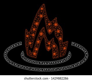 Glowing mesh fire location with lightspot effect. Abstract illuminated model of fire location icon. Shiny wire frame polygonal mesh fire location. Vector abstraction on a black background.