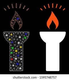 Glowing mesh fire torch light icon with glow effect. Abstract illuminated model of fire torch light. Shiny wire carcass polygonal mesh fire torch light icon. Vector abstraction on a black background.