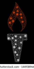 Glowing mesh fire torch with sparkle effect. Abstract illuminated model of fire torch icon. Shiny wire carcass triangular mesh fire torch. Vector abstraction on a black background.