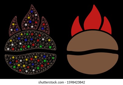 Glowing mesh fired coffee bean icon with lightspot effect. Abstract illuminated model of fired coffee bean. Shiny wire frame triangular mesh fired coffee bean icon.
