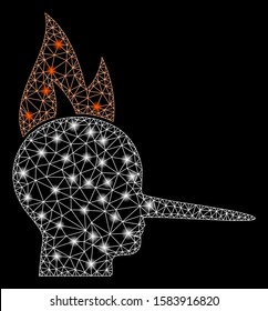 Glowing mesh fired liar with glitter effect. Abstract illuminated model of fired liar icon. Shiny wire carcass triangular mesh fired liar. Vector abstraction on a black background.