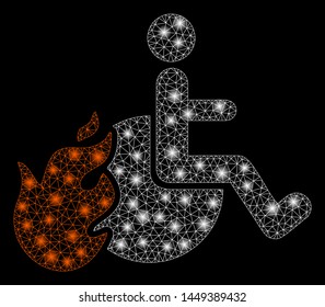Glowing mesh fired patient with sparkle effect. Abstract illuminated model of fired patient icon. Shiny wire frame polygonal mesh fired patient. Vector abstraction on a black background.