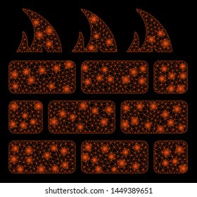 Cortafuego de malla brillante con efecto de foco. Modelo abstracto iluminado de icono de cortafuegos. Cortafuegos triangular de red de marco de cable brillante. Extracción vectorial en un fondo negro.