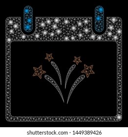 Glowing mesh fireworks calendar day with glitter effect. Abstract illuminated model of fireworks calendar day icon. Shiny wire carcass triangular mesh fireworks calendar day.
