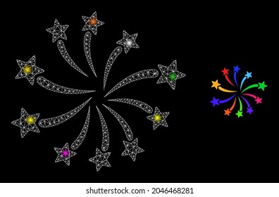 Glowing mesh fireworks festival constellation icon with light spots. Illuminated vector constellation based on fireworks festival icon.