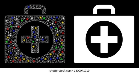 Glowing mesh first aid icon with lightspot effect. Abstract illuminated model of first aid. Shiny wire carcass polygonal mesh first aid icon. Vector abstraction on a black background.