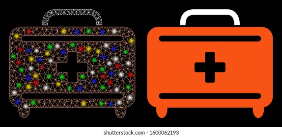 Glowing mesh first aid toolkit icon with sparkle effect. Abstract illuminated model of first aid toolkit. Shiny wire carcass polygonal mesh first aid toolkit icon.