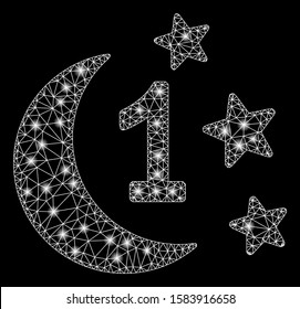 Glowing mesh first moon night with lightspot effect. Abstract illuminated model of first moon night icon. Shiny wire carcass polygonal mesh first moon night. Vector abstraction on a black background.