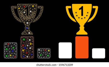 Glowing mesh first place cup icon with glow effect. Abstract illuminated model of first place cup. Shiny wire carcass polygonal network first place cup icon. Vector abstraction on a black background.