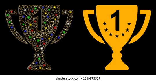 Glowing mesh first place goblet icon with glow effect. Abstract illuminated model of first place goblet. Shiny wire frame polygonal network first place goblet icon.
